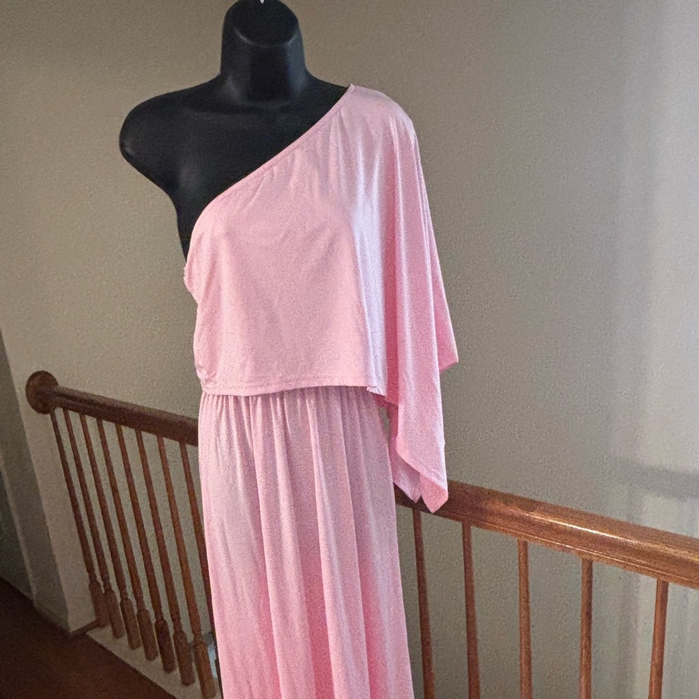 Pink lightweight one shoulder dress.